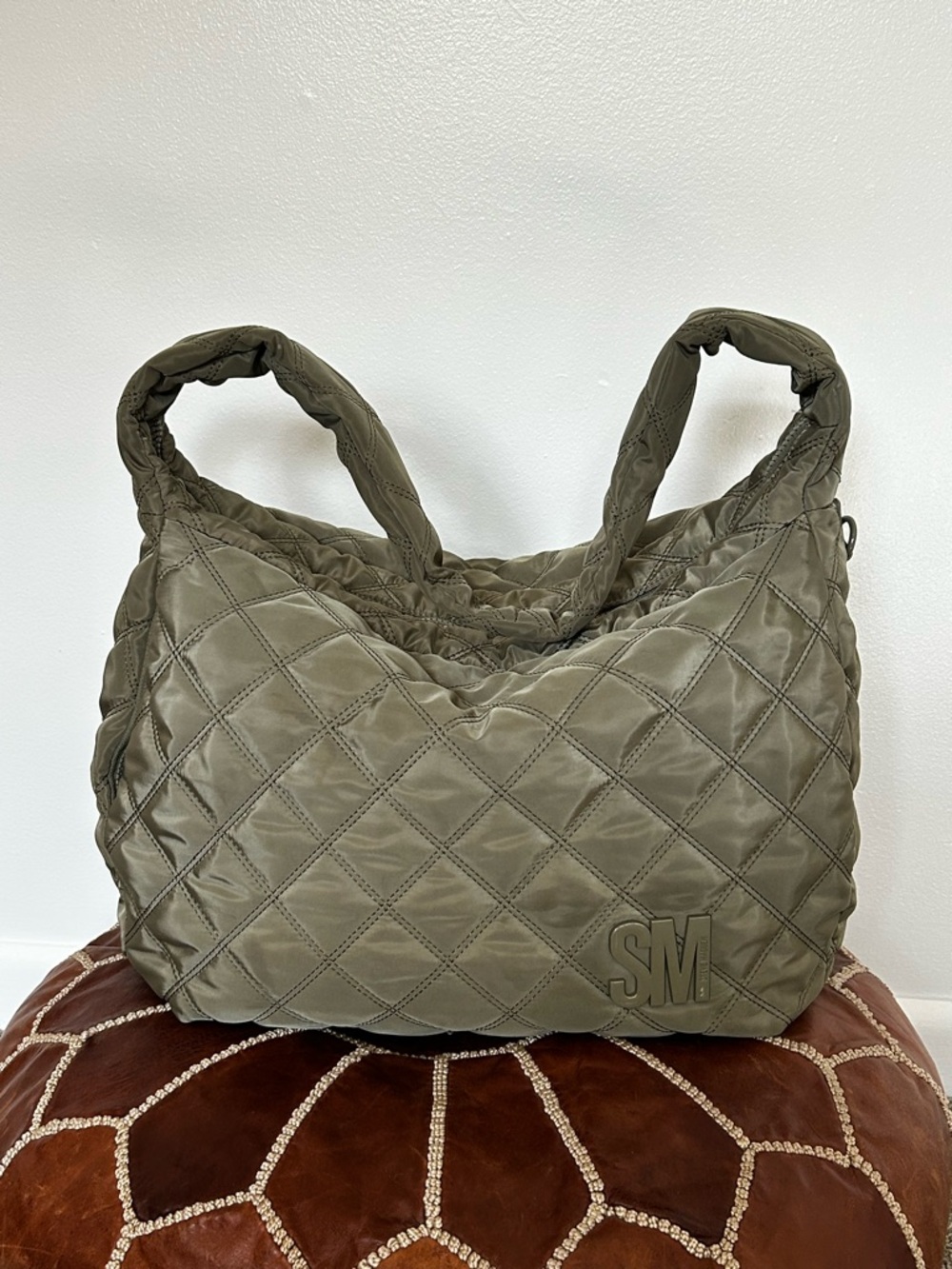 Steve Madden Quilted Puffer Olive Green Hobo Shoulder Bag with SM Patch Slouchy